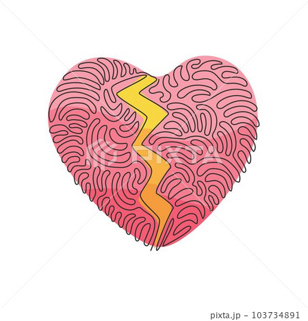 Single one line drawing love shape broken in two. Emoji of heartbreak, broken heart, divorce icon or symbol. Swirl curl style concept. Modern continuous line draw design graphic vector illustration 103734891