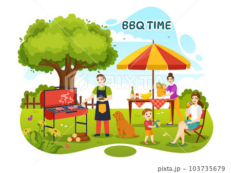 Barbecue and Grill Set Vector Illustration Kids Grilling or BBQ Party Food at Park in Festival and Summer Cooking Cartoon Hand Drawn Templates 103735679
