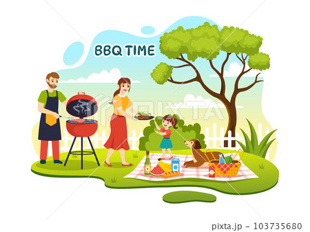 Barbecue and Grill Set Vector Illustration Kids Grilling or BBQ Party Food at Park in Festival and Summer Cooking Cartoon Hand Drawn Templates 103735680