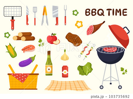 Barbecue and Grill Set Vector Illustration People Grilling or BBQ Party Food at Park in Festival and Summer Cooking Cartoon Hand Drawn Templates 103735692