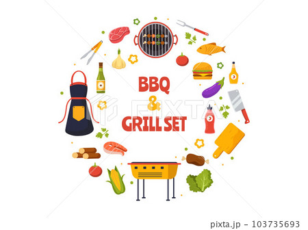 Barbecue and Grill Set Vector Illustration People Grilling or BBQ Party Food at Park in Festival and Summer Cooking Cartoon Hand Drawn Templates 103735693