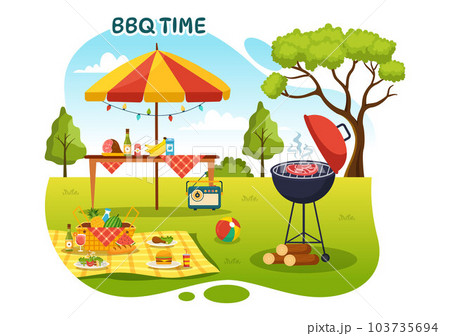 Barbecue and Grill Set Vector Illustration People Grilling or BBQ Party Food at Park in Festival and Summer Cooking Cartoon Hand Drawn Templates 103735694