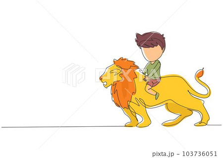 Single continuous line drawing happy little boy riding lion. Child sitting on back big lion at circus event. Kid learning to ride beast animal. Dynamic one line draw graphic design vector illustration Single continuous line drawing happy little boy riding lion. Child sitting on back big lion at circus event. Kid learning to ride beast animal. Dynamic one line draw graphic design vector illustration 103736051