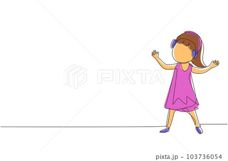 Single one line drawing girl listening to music with headphones on her head. Kid wearing earphones and headphones, listening to music and dancing. Continuous line design graphic vector illustration Single one line drawing girl listening to music with headphones on her head. Kid wearing earphones and headphones, listening to music and dancing. Continuous line design graphic vector illustration 103736054