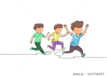 Single continuous line drawing children in athletics competitions. The boys run in stadium and finish. The child came running first and won. Dynamic one line draw graphic design vector illustration Single continuous line drawing children in athletics competitions. The boys run in stadium and finish. The child came running first and won. Dynamic one line draw graphic design vector illustration 103736087