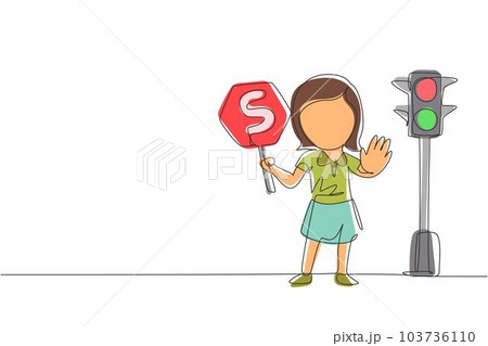 Continuous one line drawing little girl holding stop sign in arm standing near road, pedestrian rules for kids, traffic light in vector style. Child holding stop sign. Single line design illustration Continuous one line drawing little girl holding stop sign in arm standing near road, pedestrian rules for kids, traffic light in vector style. Child holding stop sign. Single line design illustration 103736110
