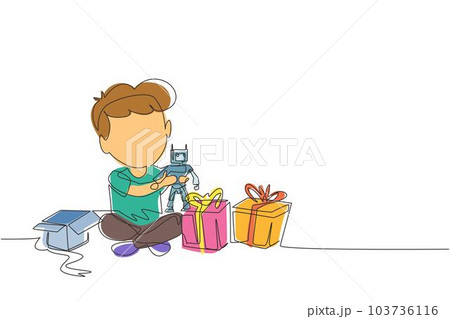 Single continuous line drawing excited little boy kid opening wrapped gift box decorated with ribbon bow. Happy cute little kid boy receive robot toy gift from birthday. Dynamic one line draw graphic Single continuous line drawing excited little boy kid opening wrapped gift box decorated with ribbon bow. Happy cute little kid boy receive robot toy gift from birthday. Dynamic one line draw graphic 103736116