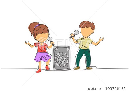Single one line drawing little boy and girl sing a song together. Good performance and talent on stage. Beautiful melodic singing of children. Continuous line draw design graphic vector illustration 103736125