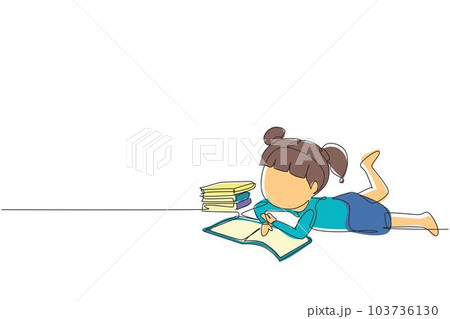 Single continuous line drawing little baby girl is reading book and dreaming lying on floor. Pile of books. Source of knowledge. Intelligent student. One line draw graphic design vector illustration Single continuous line drawing little baby girl is reading book and dreaming lying on floor. Pile of books. Source of knowledge. Intelligent student. One line draw graphic design vector illustration 103736130