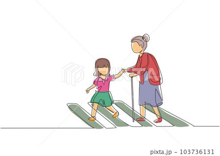 Single one line drawing little girl helps old woman to cross road at pedestrian crossing. Help grandmother crosswalk. Safety traffic. Modern continuous line draw design graphic vector illustration 103736131