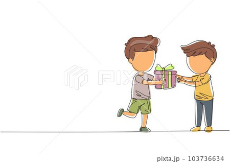 Continuous one line drawing boy giving his friend birthday ribbon bow gift box. Children excited receiving gift from friend. Child hand over holiday present. Single line draw design vector graphic 103736634