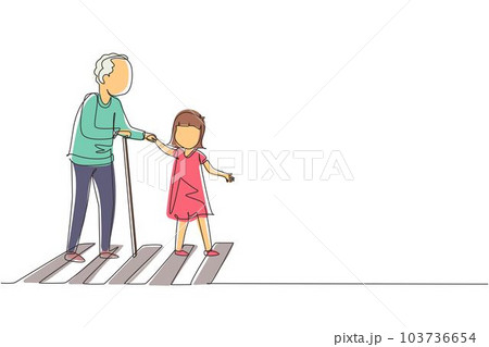 Single continuous line drawing polite girl helping grandfather to cross street. Courteous kind kid taking old man across road, holding hand. Manners and respect. One line draw graphic design vector 103736654