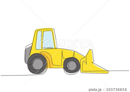 Single continuous line drawing excavator bulldozer with moving backhoe. Construction industry and machinery concept. Heavy automobile transportation. One line draw graphic design vector illustration Single continuous line drawing excavator bulldozer with moving backhoe. Construction industry and machinery concept. Heavy automobile transportation. One line draw graphic design vector illustration 103736658
