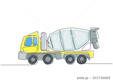Single continuous line drawing Concrete mixer truck with view from side. Heavy automobile. Auto in flat design. Children's toy mixer truck. Dynamic one line draw graphic design vector illustration Single continuous line drawing Concrete mixer truck with view from side. Heavy automobile. Auto in flat design. Children's toy mixer truck. Dynamic one line draw graphic design vector illustration 103736669
