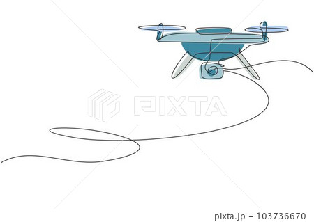 Continuous one line drawing remote control air drone. Drone flying with action video camera. Drone photography and drone video created. Quadcopter with camera. Single line draw design vector graphic 103736670