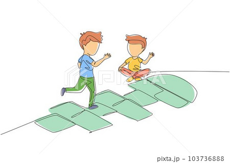 Single continuous line drawing two little boys playing hopscotch at kindergarten yard. Kids playing hopscotch game outside. Hop scotch court drawn with chalk. One line draw graphic design vector 103736888