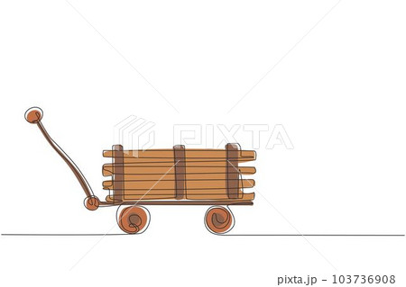 Continuous one line drawing toy mini wagon with wooden. Farm wheelbarrow. Equipment of garden cart for gardening, harvesting, planting seedlings. Single line draw design vector graphic illustration 103736908