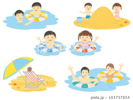 海水浴イラスト_海で遊ぶ人々のイラストのセット 103737854