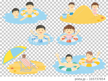 海水浴イラスト_海で遊ぶ人々のイラストのセット 103737854