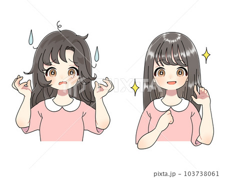 ボサボサの髪とサラサラヘアの女の子 103738061