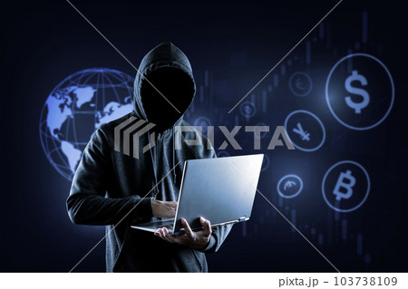 Cybercrime hacking crypto currency and technology crime. no face hacker with laptop. 103738109