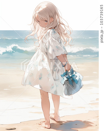 砂浜で振り返る可愛い女の子 103739165