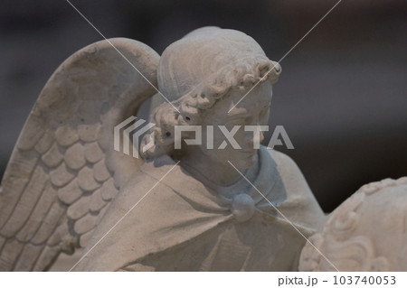 Close up detail of angel in a cathedral carved in marble showing tip of wing, head with curly hair and a cap. 103740053