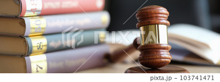 Wooden judge gavel on sounding block and stack of law books Wooden judge gavel on sounding block and stack of law books 103741471