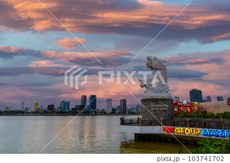 Carp Dragon Statue or Ca Chep Hoa Rong. Landmark and popular. Da Nang, Vietnam, 13 November 2022 103741702
