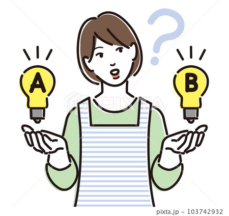 A案B案に悩むエプロン姿の女性 A案B案に悩むエプロン姿の女性 103742932