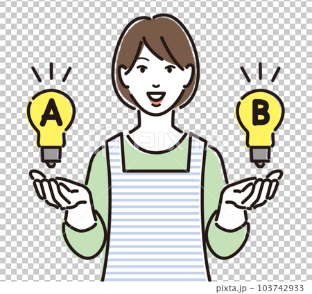 一位穿著圍裙的女士為 A 計劃展示了一個燈泡 103742933