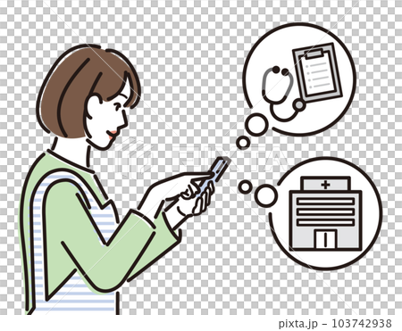 スマホで病院のオンライン受付をするエプロン姿の女性 103742938