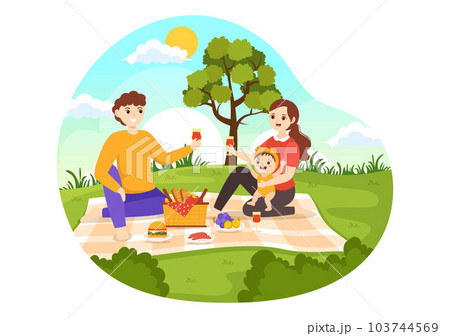Picnic Outdoors Vector Illustration of Kids Sitting on a Green Grass in Nature on Summer Holiday Vacations in Cartoon Hand Drawn Templates 103744569