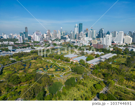 Aerial view city green forest public park with modern office building Benjakitti Park Aerial view city green forest public park with modern office building Benjakitti Park 103744691