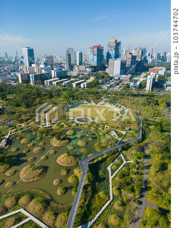 Aerial view city green forest public park with modern office building Benjakitti Park Aerial view city green forest public park with modern office building Benjakitti Park 103744702