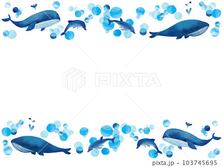 水彩タッチ 青いクジラとイルカのフレームのイラスト素材