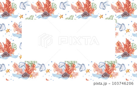 Frame of colorful sea plants watercolor illustration isolated on white. Red porphyria, , purple coral, jellyfish hand drawn. Design for package, banner, invitation, label, wrapping, background 103746206