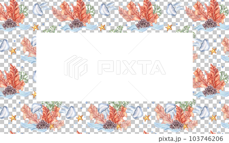 Frame of colorful sea plants watercolor illustration isolated on white. Red porphyria, , purple coral, jellyfish hand drawn. Design for package, banner, invitation, label, wrapping, background 103746206