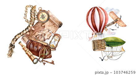 Composition of adventure items, hot air balloon watercolor illustration isolated on white. Compass, spyglass, map, handbag, aircraft hand drawn. Childish design, print for boy's, vintage postcard 103746259