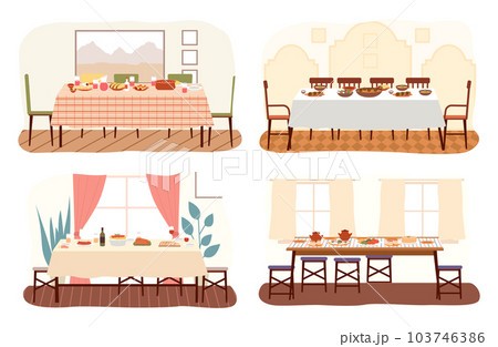 Set of dining room design flat vector illustration. Dining table with food and chairs nearby 103746386