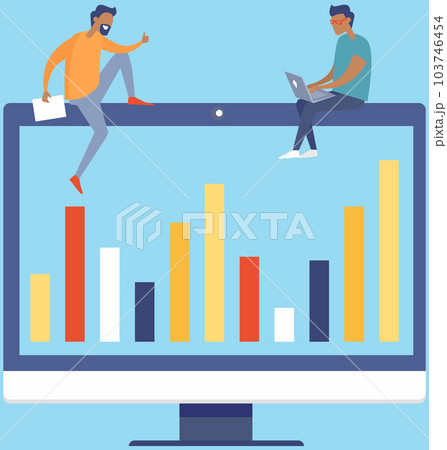 Colleagues talk about financial performance. Discussion about graphical business report with charts 103746454