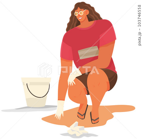Cartoon character is removing paper from sand. Girl collect garbage and waste on contaminated areas Cartoon character is removing paper from sand. Girl collect garbage and waste on contaminated areas 103746558