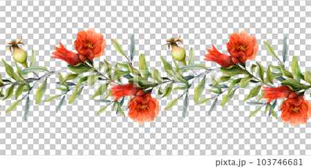 Pomegranate branches with red flowers blossom and young fruits watercolor horizontal seamless banner. Botanical illustration for Rosh Hashanah, natural cosmetic w2eb sites Pomegranate branches with red flowers blossom and young fruits watercolor horizontal seamless banner. Botanical illustration for Rosh Hashanah, natural cosmetic w2eb sites 103746681