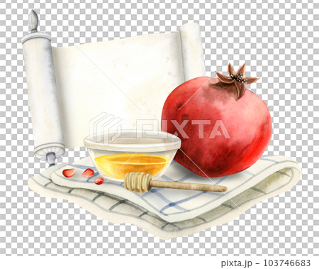 Pomegranate, honey, Torah scroll and honey dipper spoon on tea towel for Rosh Hashanah and Yom Kippur holidays greeting template watercolor illustration isolated on white background Pomegranate, honey, Torah scroll and honey dipper spoon on tea towel for Rosh Hashanah and Yom Kippur holidays greeting template watercolor illustration isolated on white background 103746683