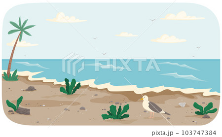 Landscape with salty water and palm trees on seashore. Seagull standing on dark dirty sand 103747384