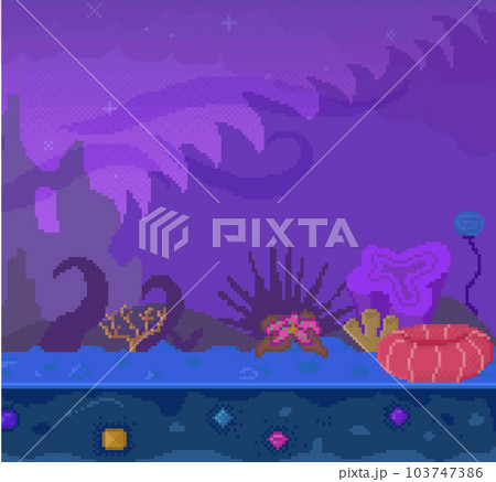 Pixel game interface layout design. Dark alien street with colored crystals inside ground Pixel game interface layout design. Dark alien street with colored crystals inside ground 103747386