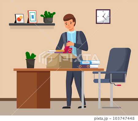 Layoff concept. Boss dismissed employee. Unhappy fired man leave the office with things in box 103747448