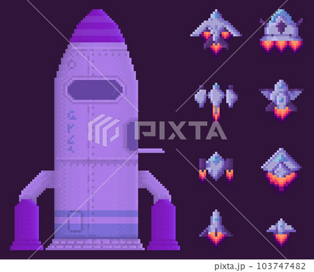Rocket on dark purple background. Combat aircraft for alien transportation near lined up rockets Rocket on dark purple background. Combat aircraft for alien transportation near lined up rockets 103747482