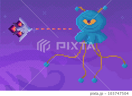 Rocket or plane attack and shoot evil one-eyed monster. Boss of game next to combat aircraft 103747504