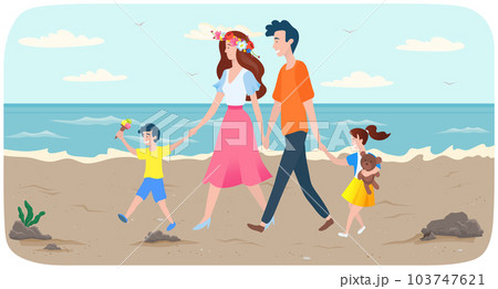 Parents and children walking by handle near ocean bank. Joint pastime with family at resort 103747621